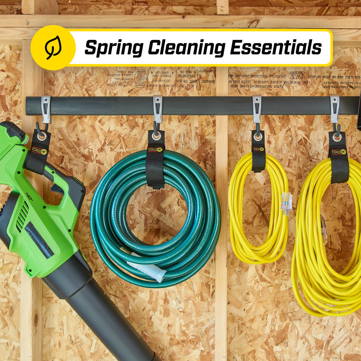 Wrap-It Storage six-piece assortment of straps ready for varied garage storage needs.