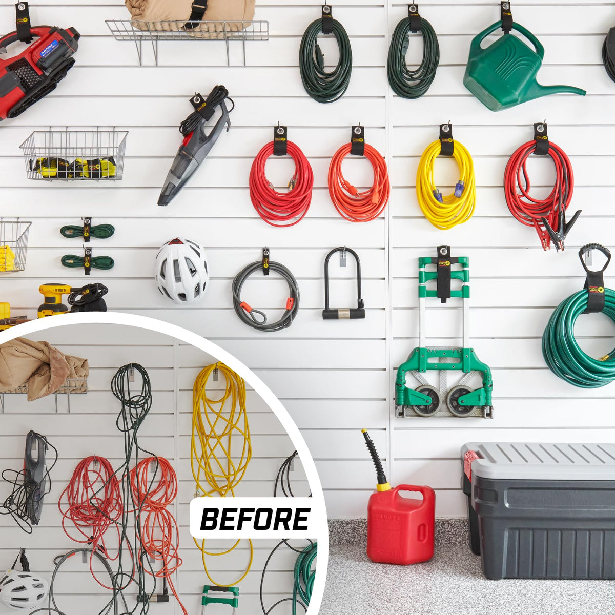 Wrap-It Storage smart wall hanging solution mounted on wall for easy access and visibility.