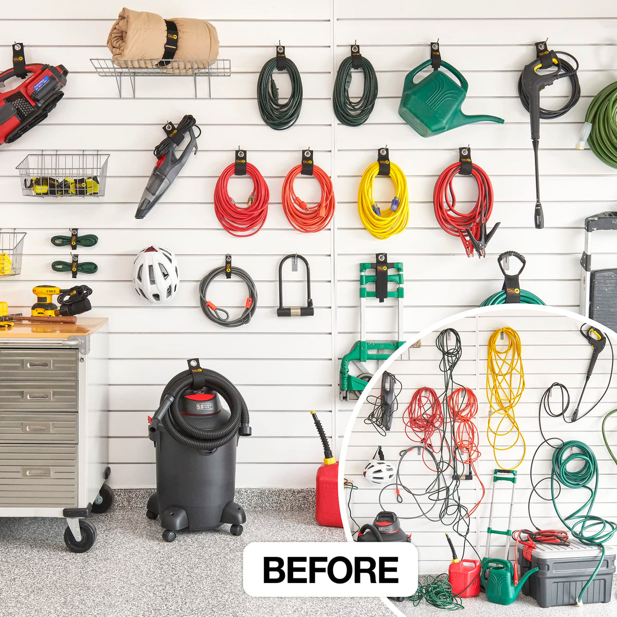Wrap-It Storage strap reduces clutter in a garage or workshop.