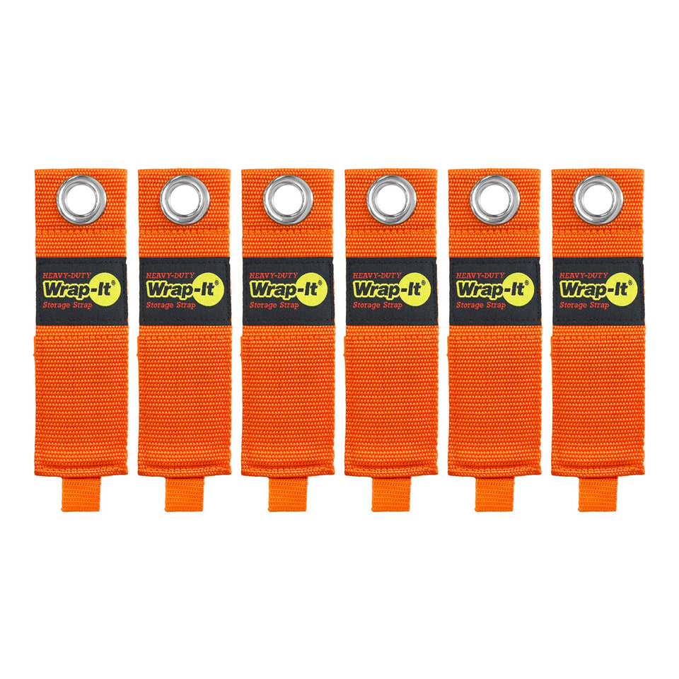 Wrap-It Storage strap 13-inch orange secures cords up to 50 pounds in a tidy garage.