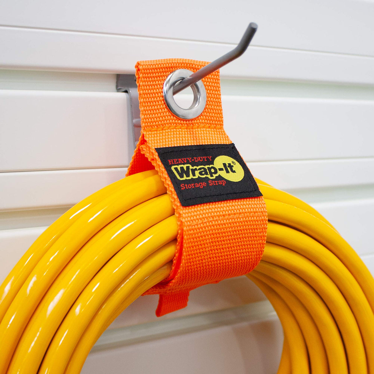 Wrap-It Storage strap extension cord hanger keeps cables organized and tangle-free.