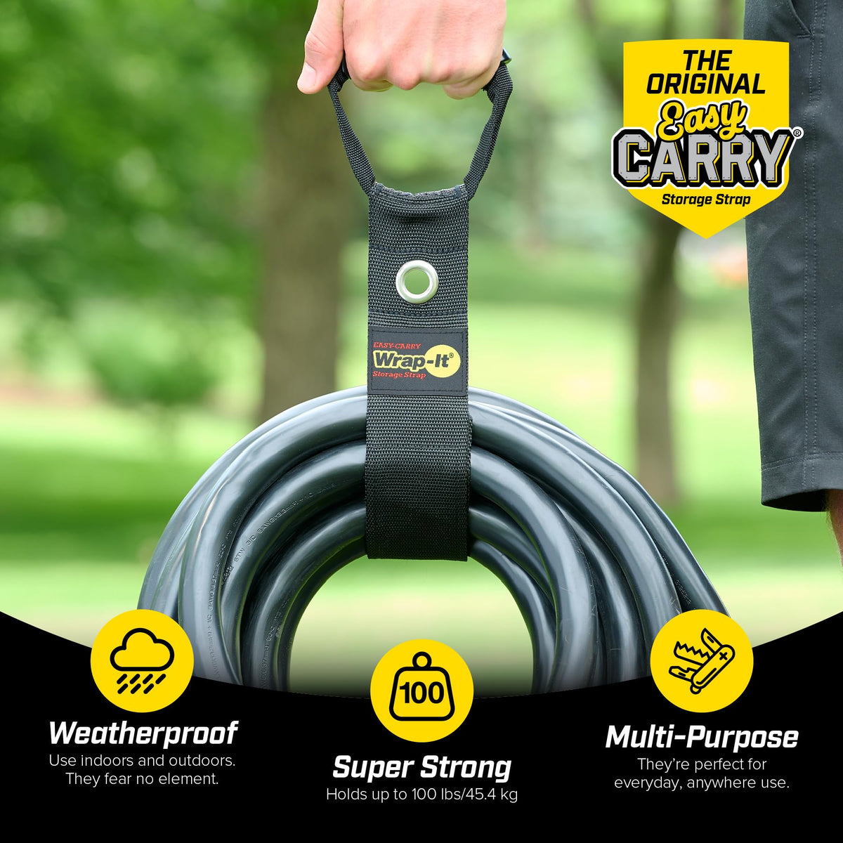 Wrap-It storage strap hanging garden hose for organized outdoor space.