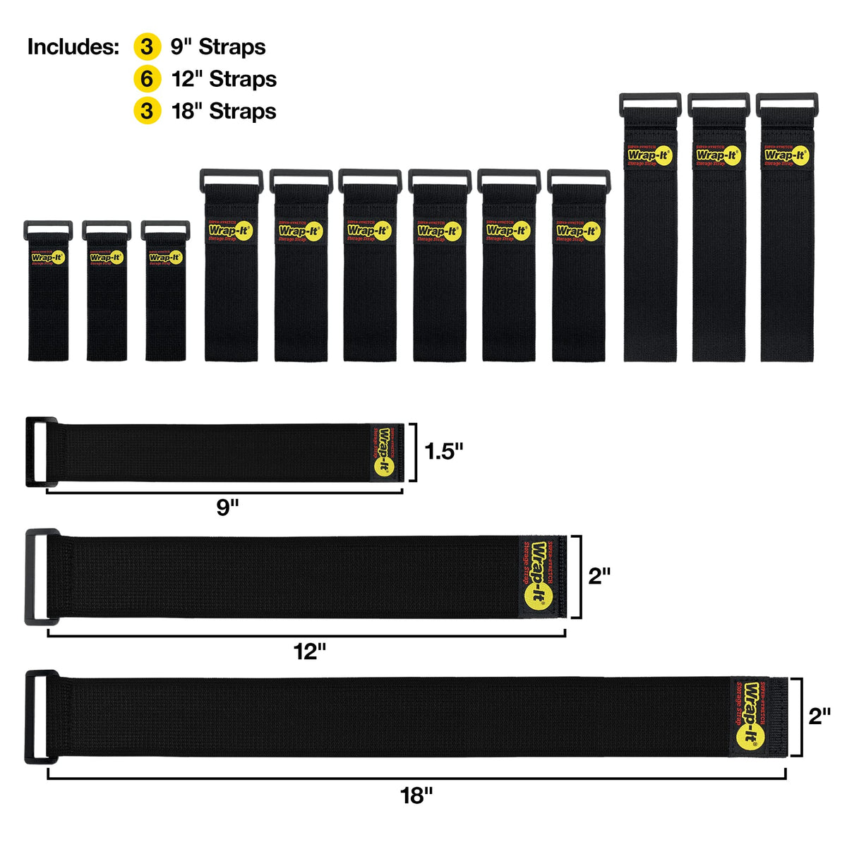 Wrap-It Storage Super-Stretch 12in cinch strap bundles hoses and cables for organized shelves.