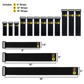 Wrap-It Storage Super-Stretch 12in cinch strap bundles hoses and cables for organized shelves.