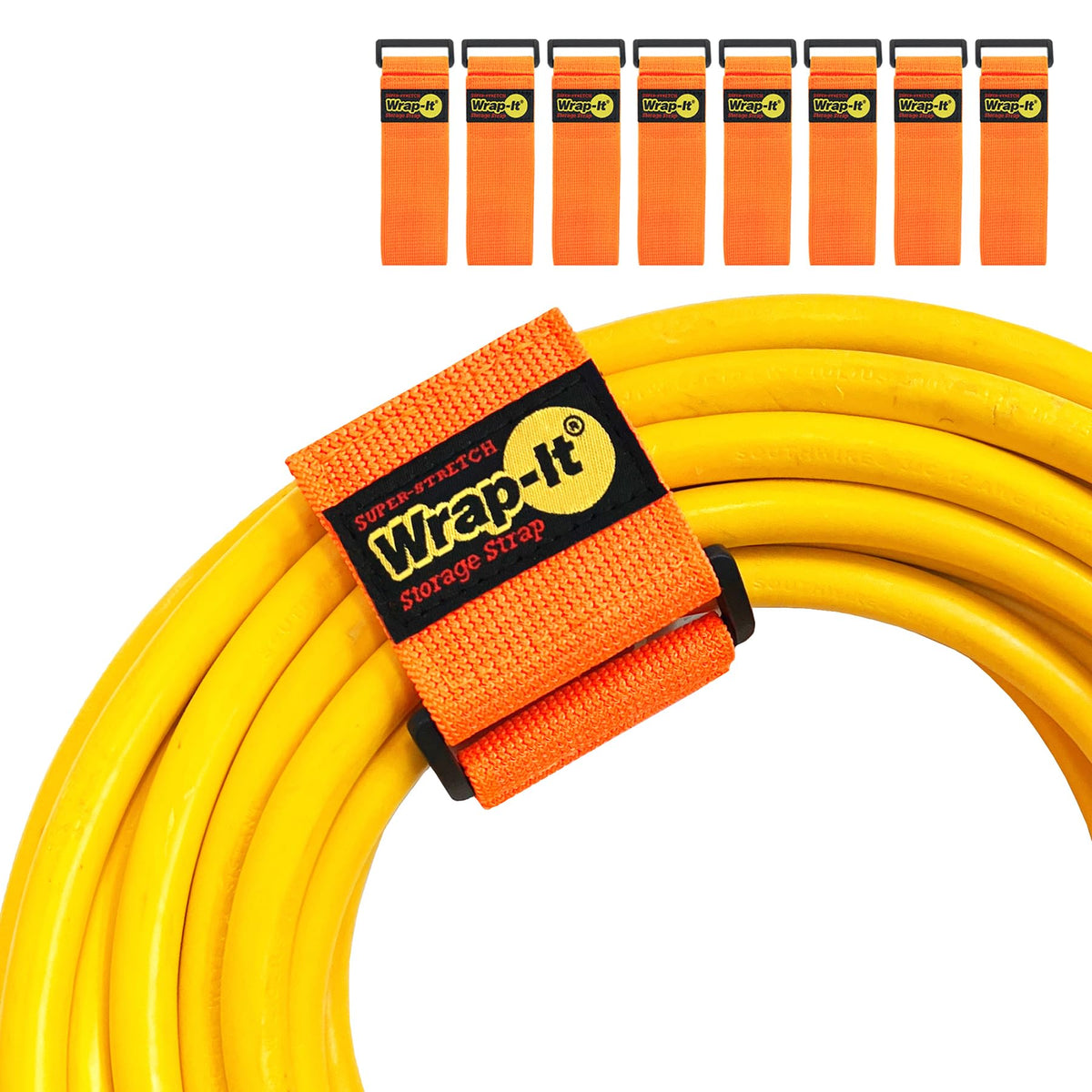 Wrap-It Storage super-stretch strap in orange secures cords neatly for clutter-free workspaces