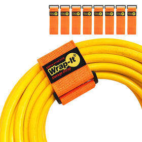 Wrap-It Storage super-stretch strap in orange secures cords neatly for clutter-free workspaces