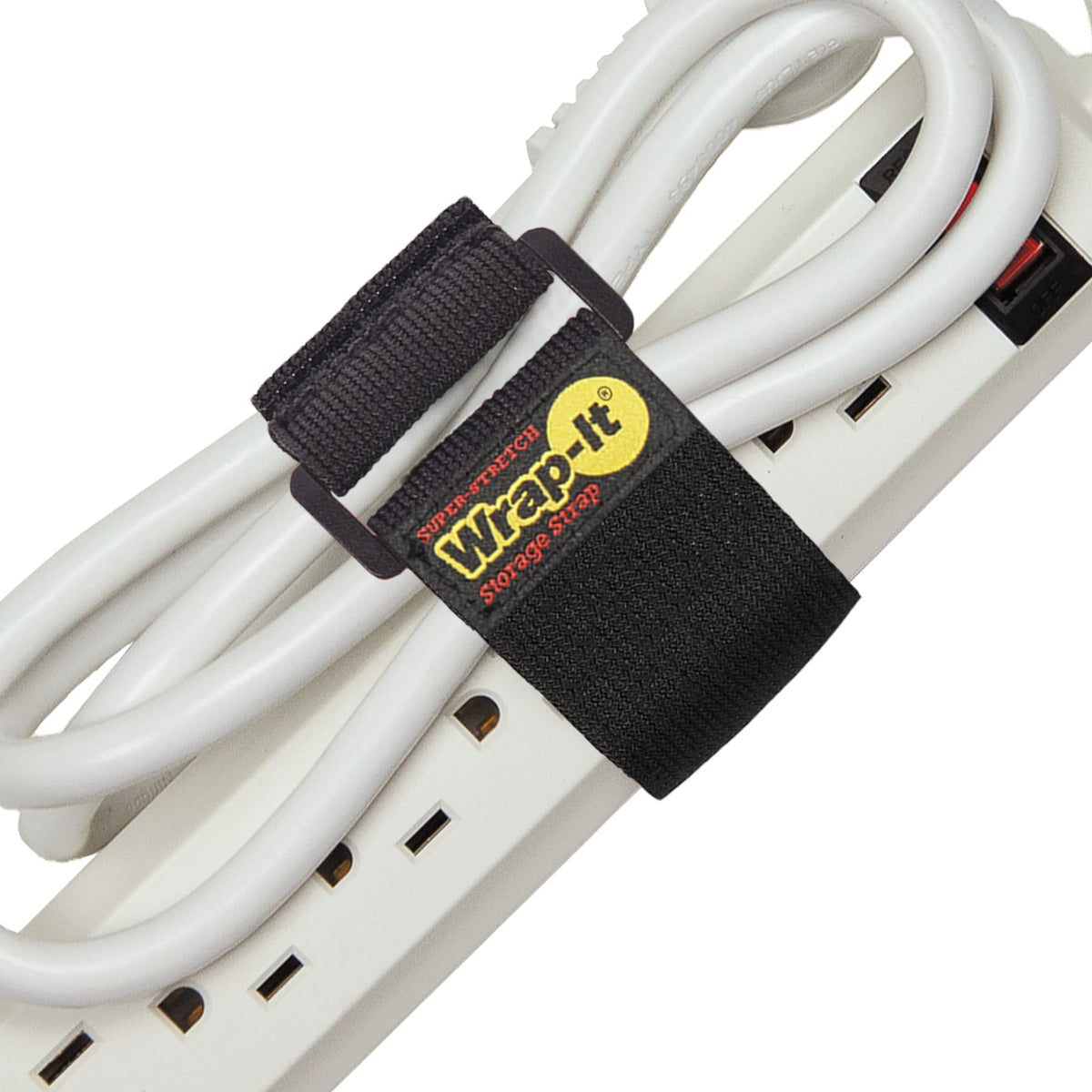 Wrap-It Storage Super-Stretch strap securing extension cords for organized workshop