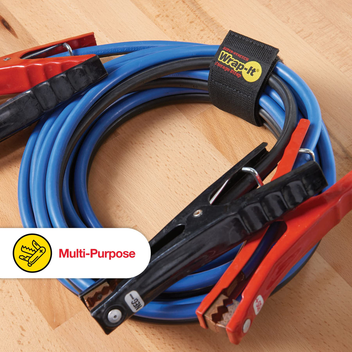 Close-up of Wrap-It Storage Super-Stretch Strap material highlighting elastic hook-and-loop for secure wraps