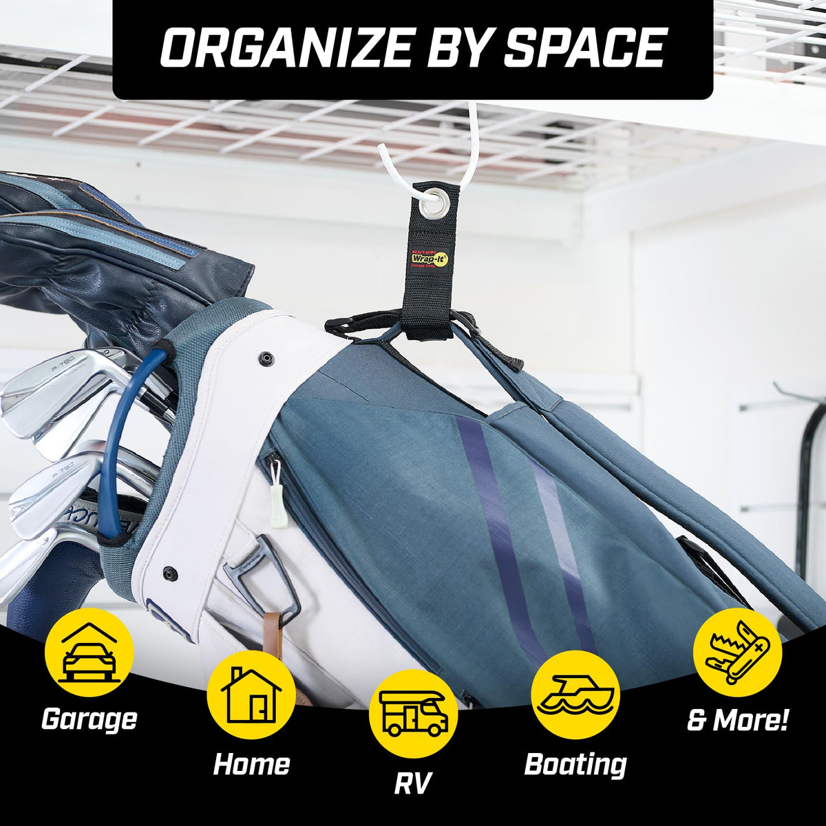 Wrap-It Storage strap in a busy workshop keeps cables accessible.