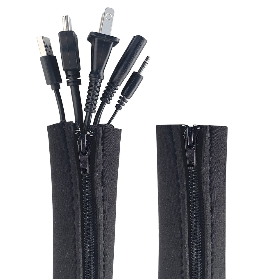 Wrap-It Storage zipper cable sleeve front view in black for a clean desk setup