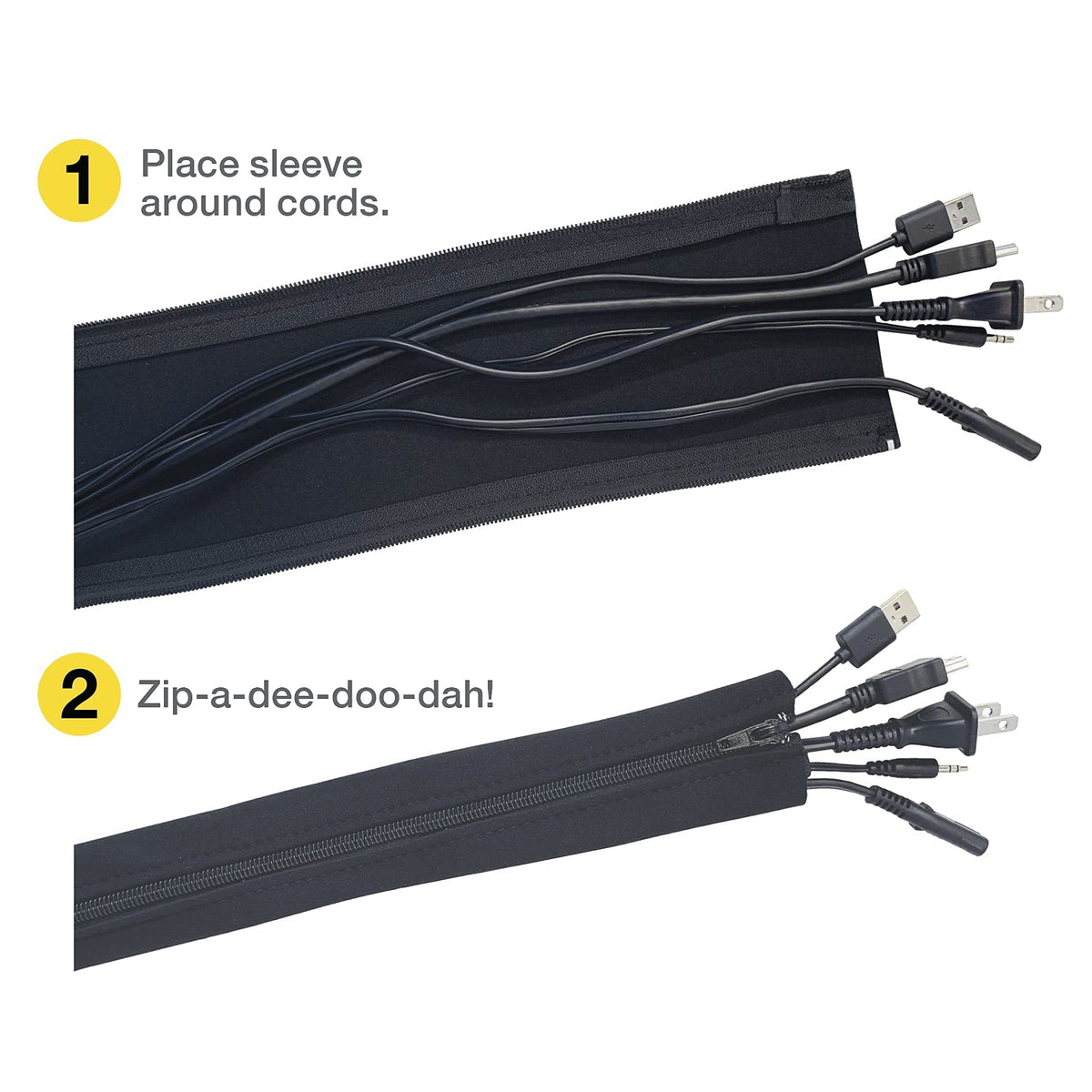 Under-TV cables neatly organized with Wrap-It Storage sleeve