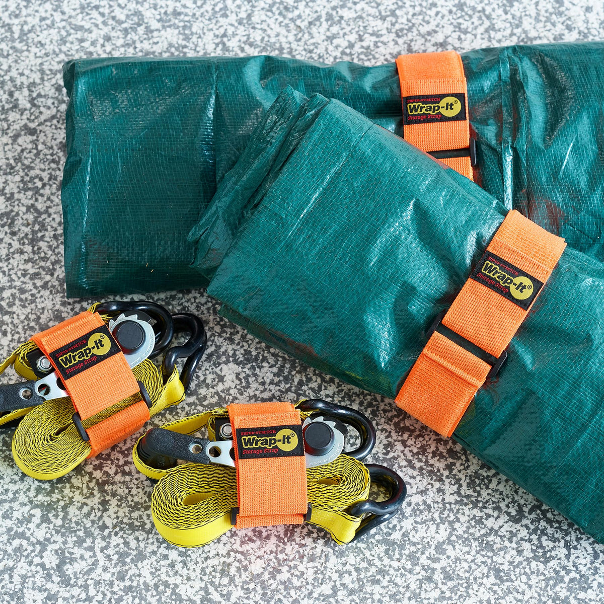Wrap-It Straps securing a garden hose for neat storage.