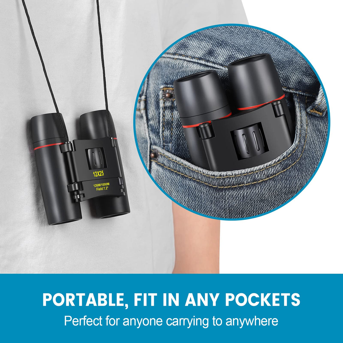 WRNRN 12x25 mini binoculars at a concert, portable viewing in crowds.