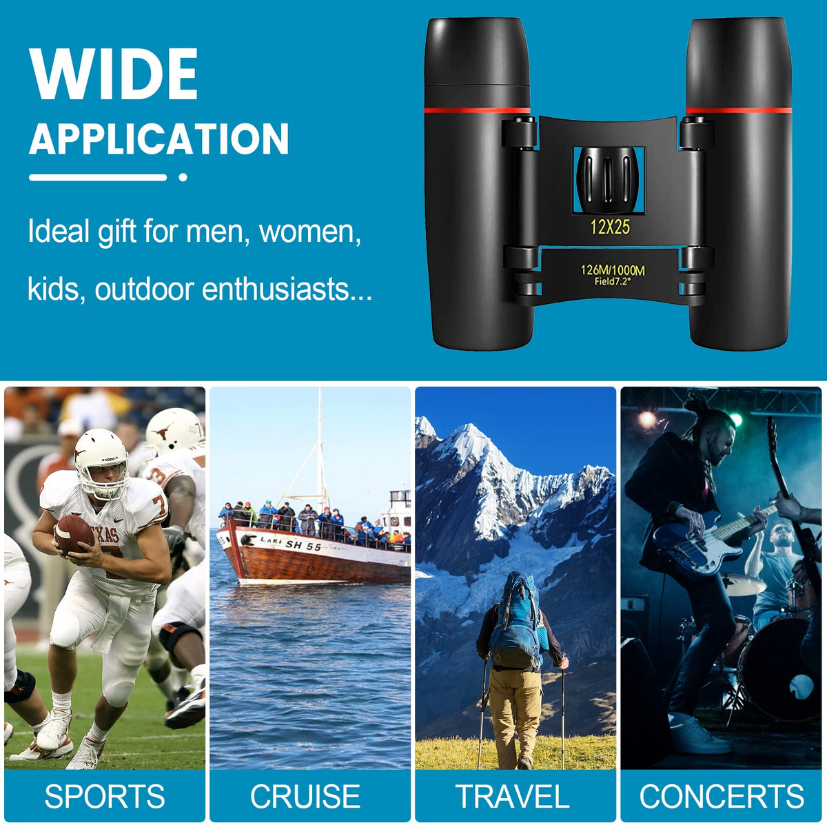 WRNRN 12x25 mini binoculars with neck strap and box, convenient gift.