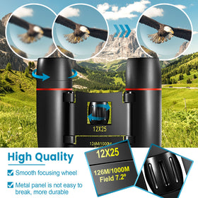 WRNRN 12x25 mini binoculars side profile, lightweight grip for travel.