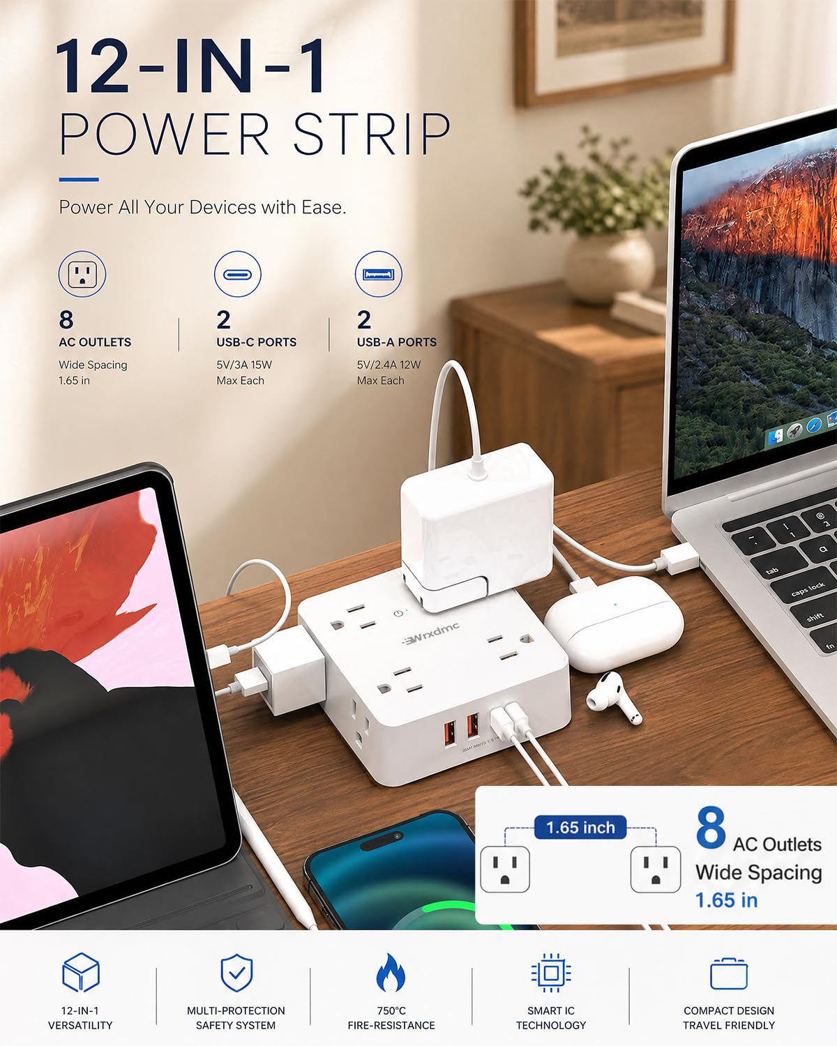 Wrxdmc 1400 joule surge protector guards connected electronics.