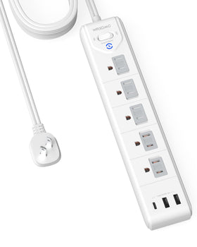 Wrxdmc front view power strip showing five outlets and three USB ports for versatile charging