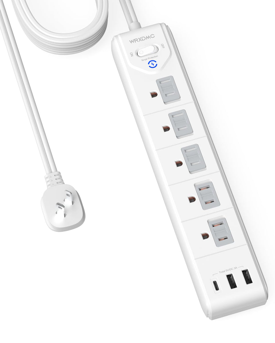 Wrxdmc front view power strip showing five outlets and three USB ports for versatile charging