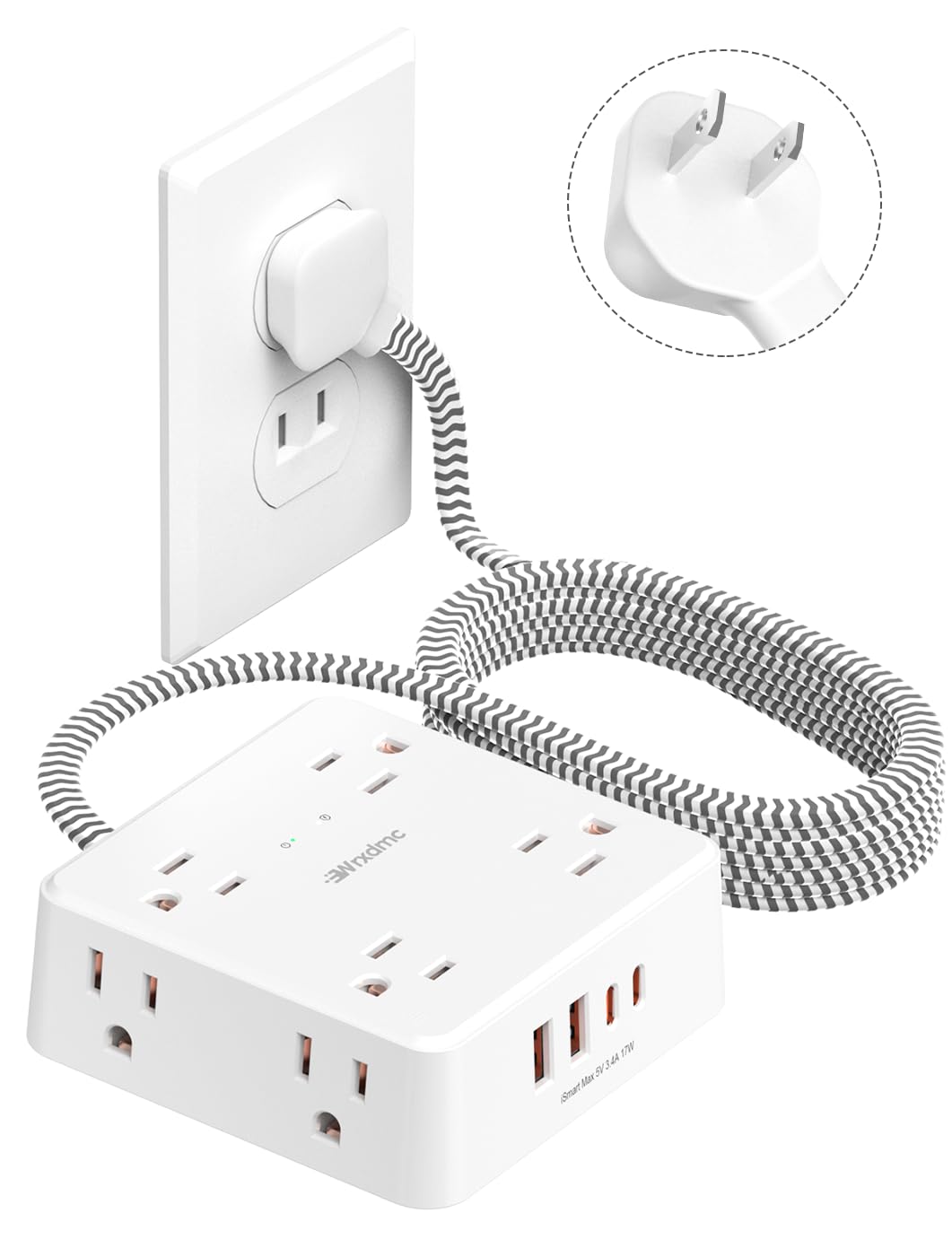 Wrxdmc front view showing 8 AC outlets and 4 USB ports for organized charging