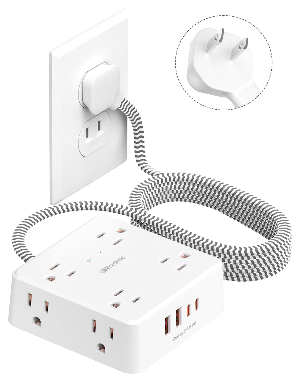 Wrxdmc front view showing 8 AC outlets and 4 USB ports for organized charging