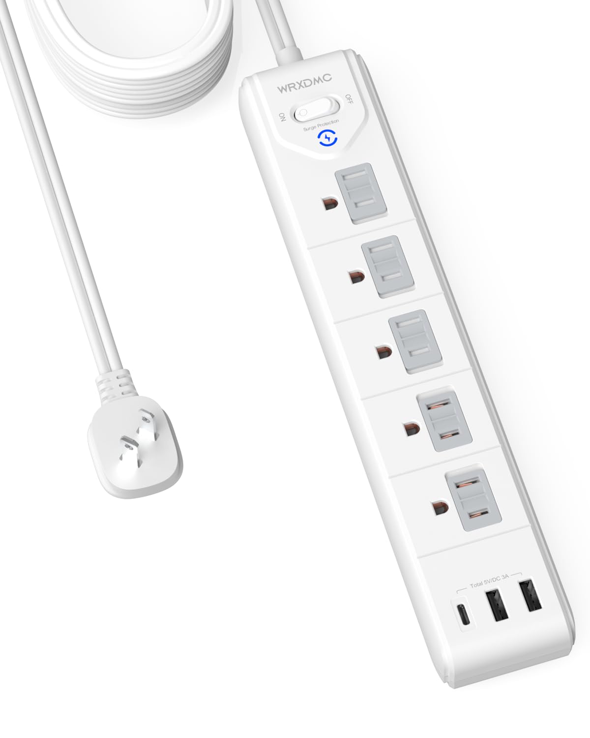 WRXDMC front view of power strip showing outlets and USB for organized charging