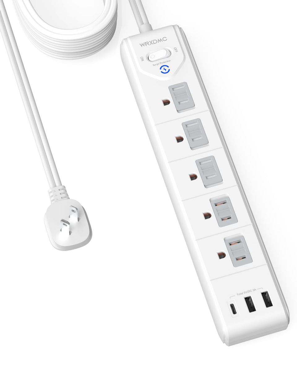 WRXDMC front view of power strip showing outlets and USB for organized charging