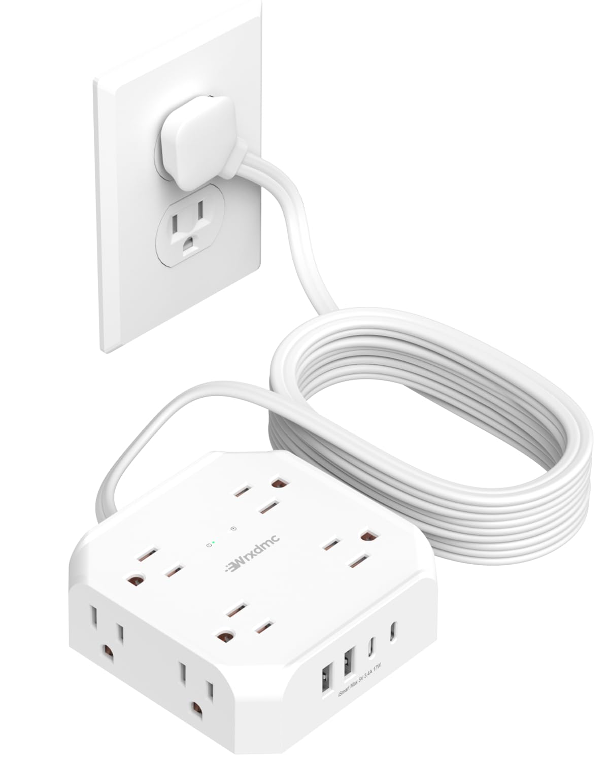 Wrxdmc front view of power strip showing outlets and ports, adds device capacity