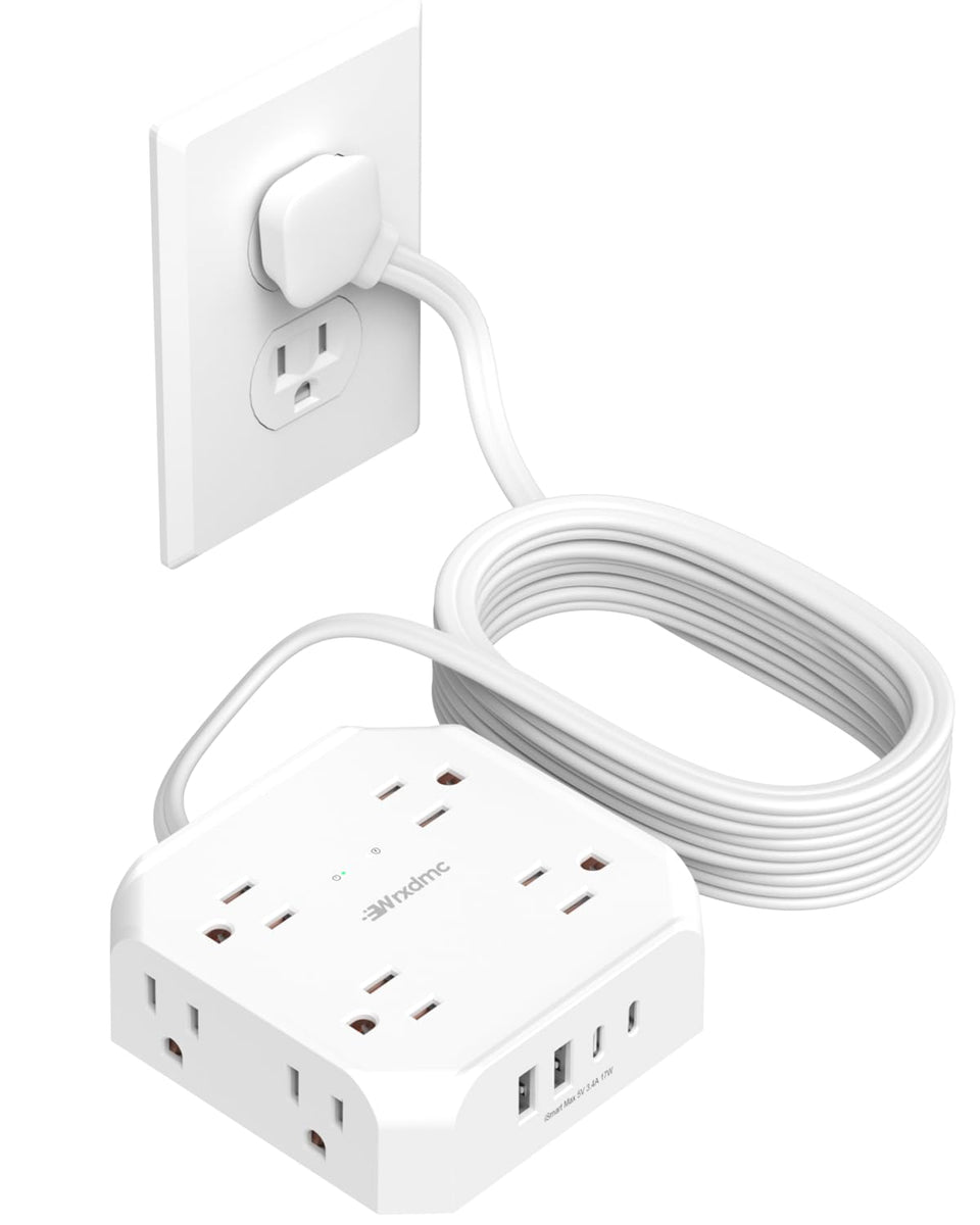 Wrxdmc front view of power strip showing outlets and ports, adds device capacity