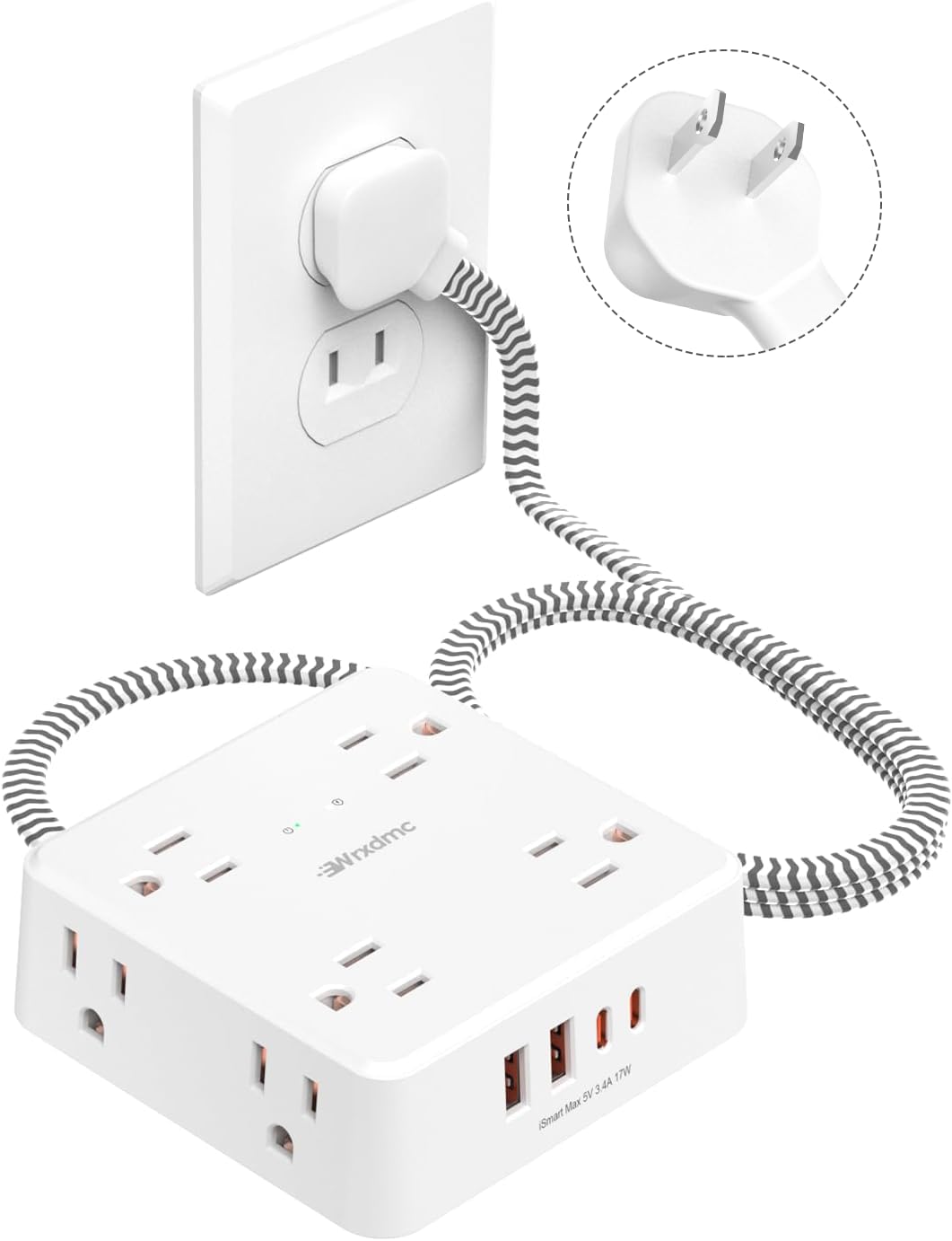 Wrxdmc two-prong to three-prong adapter closeup showing outlet conversion.