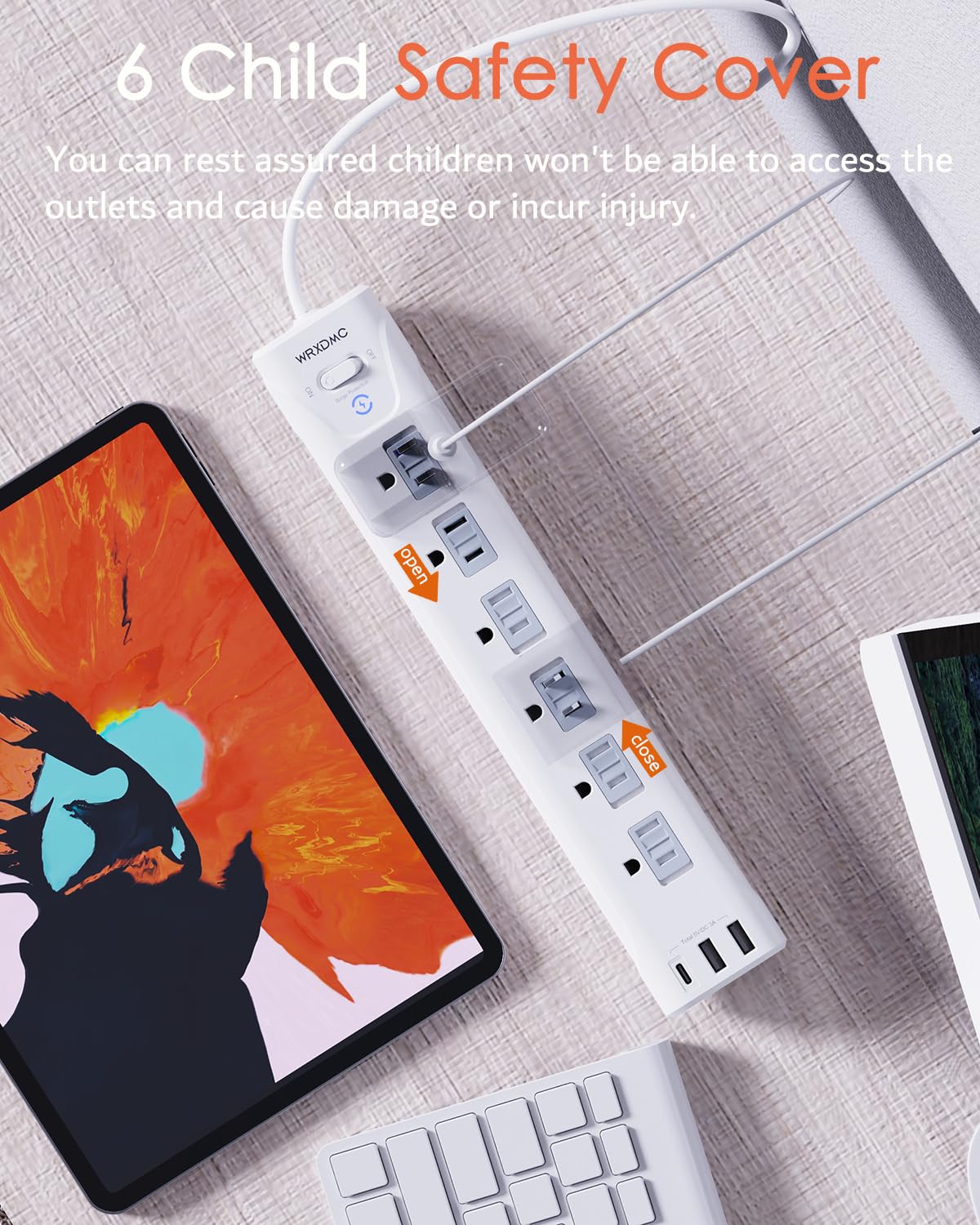 Wrxdmc wall-mountable power strip helps organize cords.