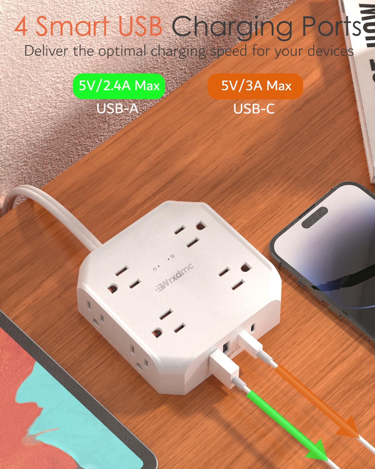 Wrxdmc wall-mountable power strip keeps cords organized and accessible.