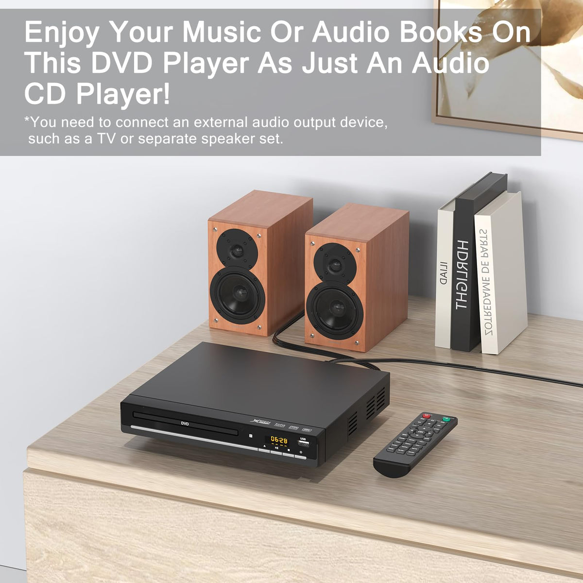 WSJSYH placed next to a book to show compact size for tight media shelves