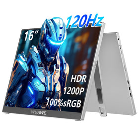 WUAWE 16-inch 120Hz portable monitor front view with built-in stand for effortless setup.