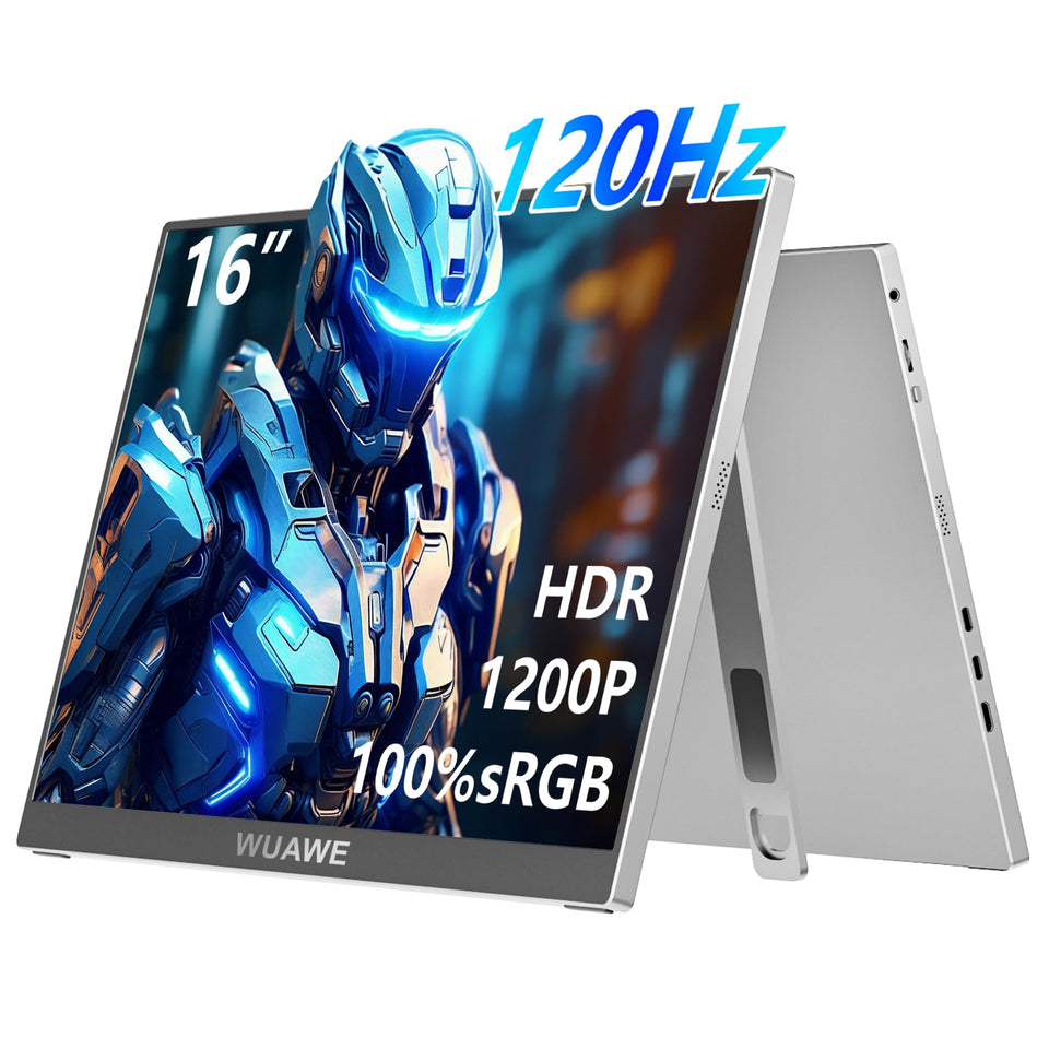 WUAWE 16-inch 120Hz portable monitor front view with built-in stand for effortless setup.