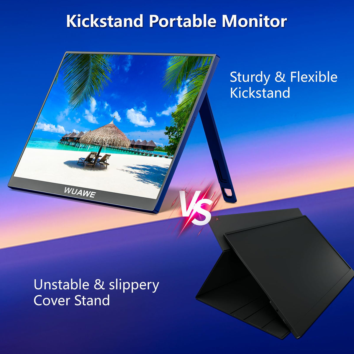 WUAWE monitor side ports show USB-C and Mini-HDMI for easy connectivity.