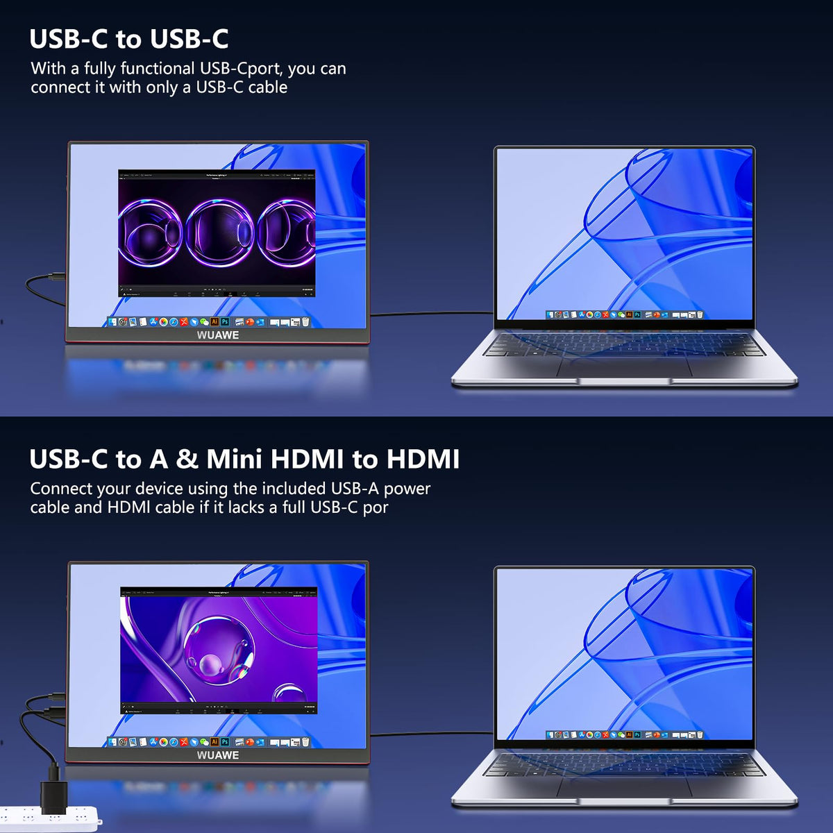 WUAWE portable monitor 16 display modes support duplicate, extend, and vertical layouts.