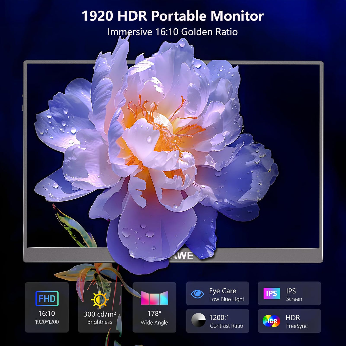 WUAWE portable monitor with adjustable stand in landscape mode for flexible setup.