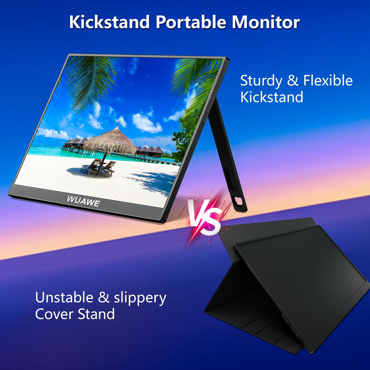 WUAWE portable monitor showing USB-C and HDMI ports for easy connectivity.