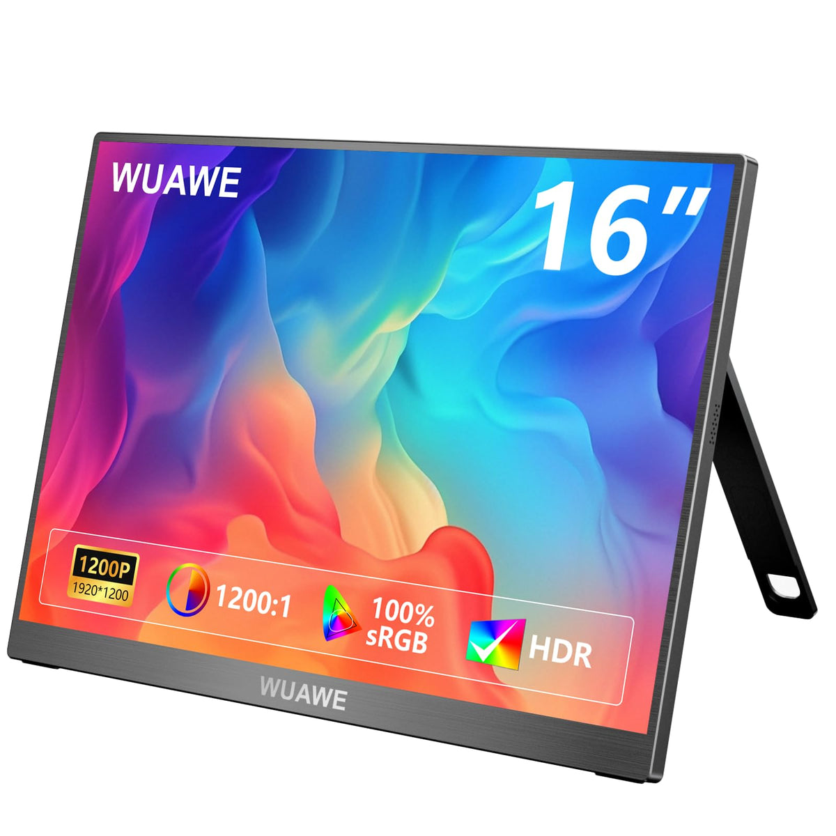 WUAWE portable monitor front view shows slim, travel-friendly design for on-the-go use.