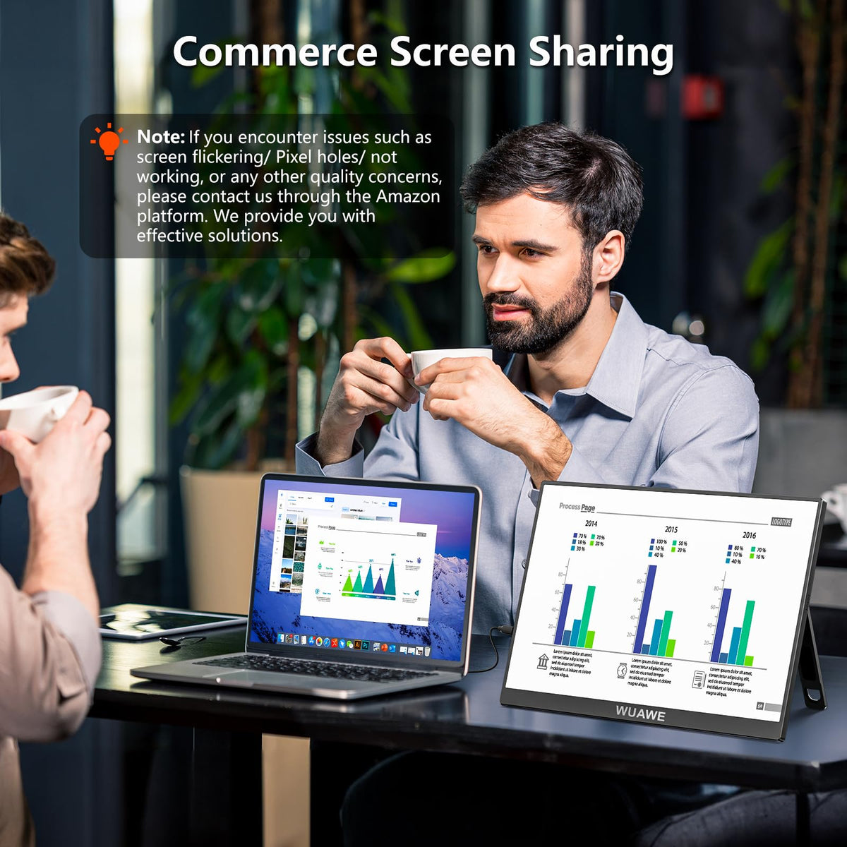 WUAWE monitor in office setup showing extended display with laptop.