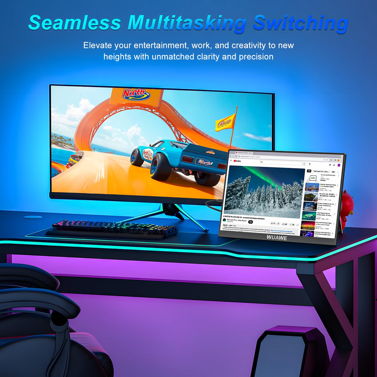 WUAWE portable monitor tilt adjustment shows ergonomic viewing angles for comfy sessions