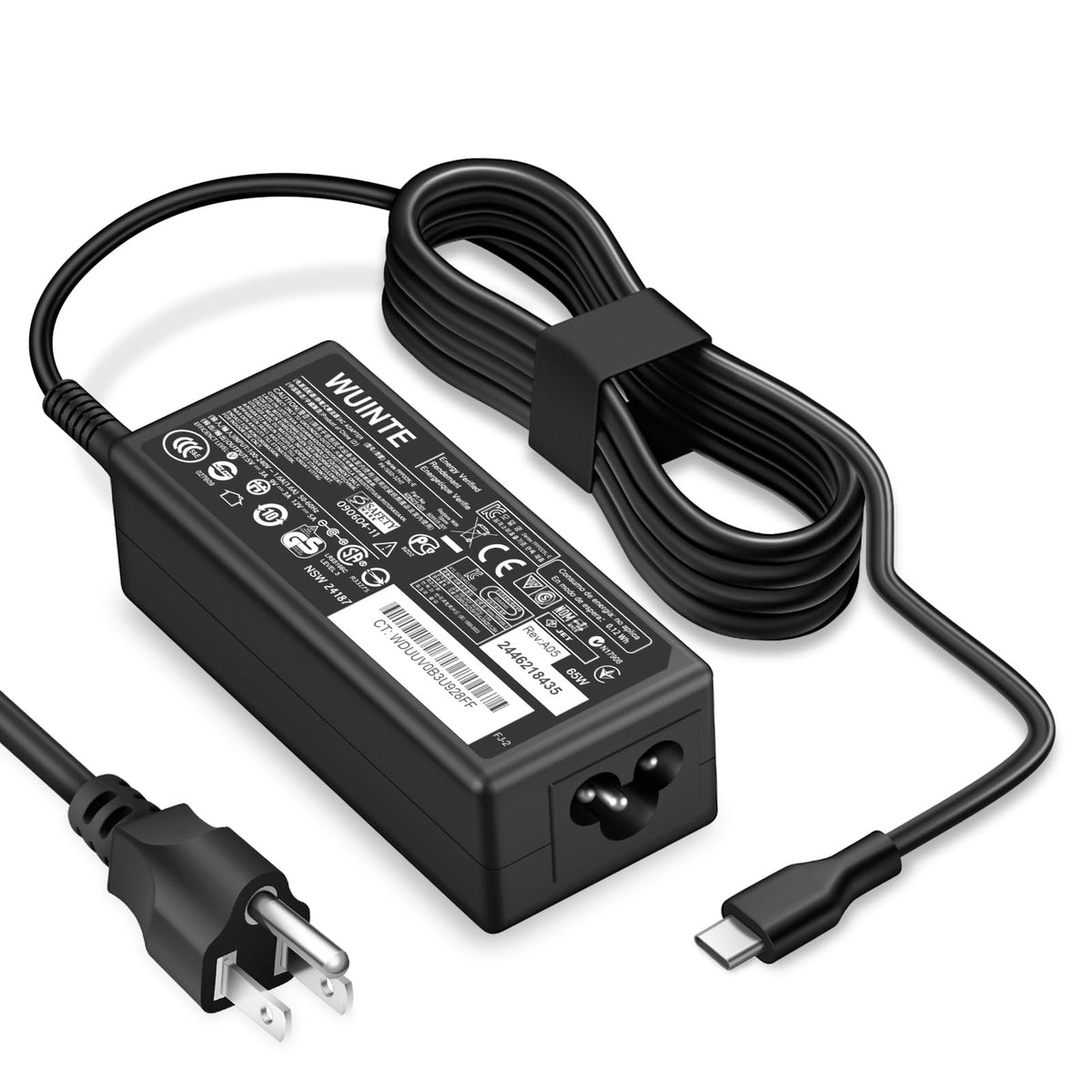 WUINTE 65W charger for Acer laptops, front view with accessible ports.