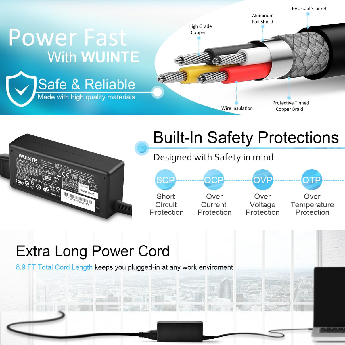 WUINTE safety features label, built-in protections for daily use.