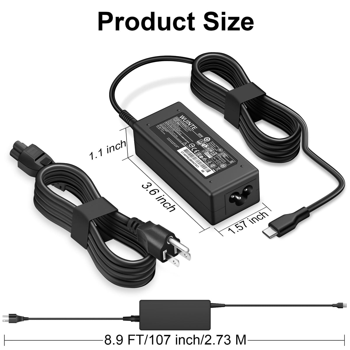 Travel-ready WUINTE charger on a hotel desk powering a laptop and a phone.