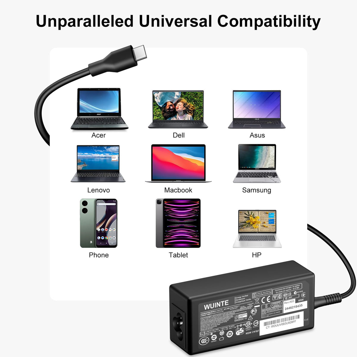 WUINTE USB-C PD charger, multiple output modes for flexible charging.