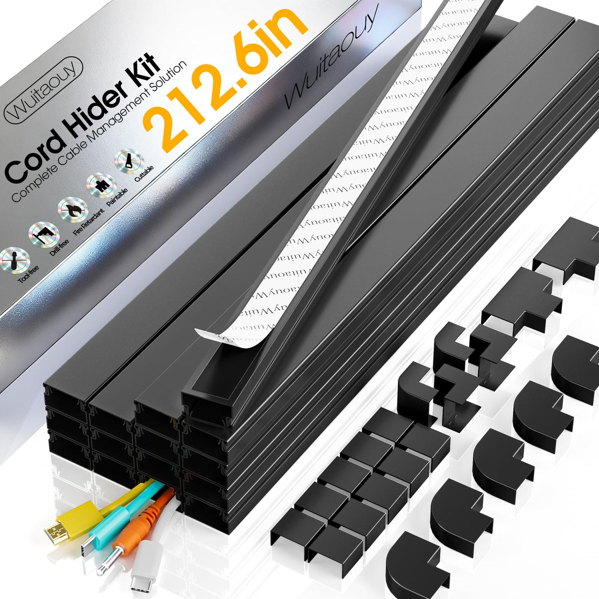 Wuitaouy cord cover conceals 2-4 wires behind a wall-mounted TV for a clean look