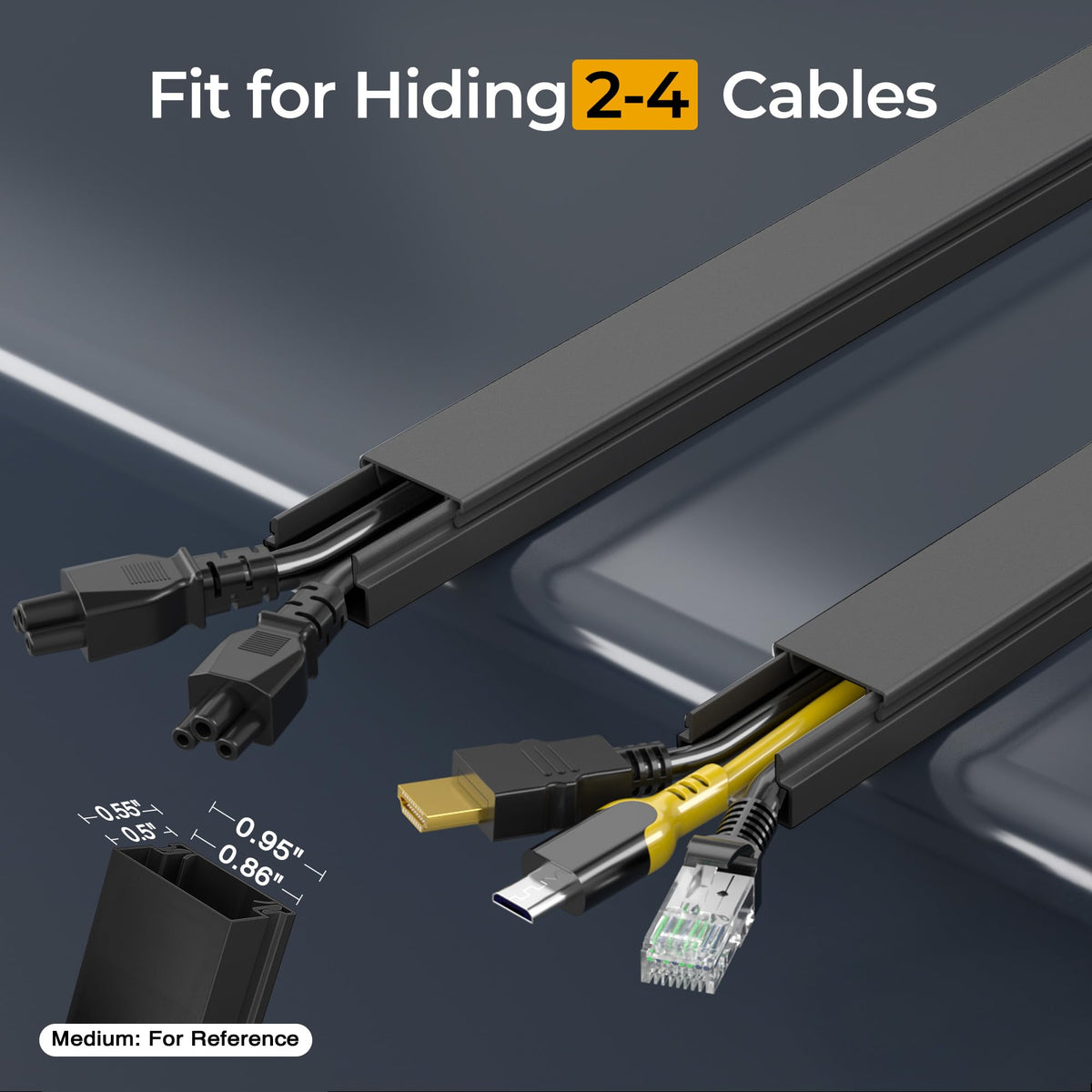 Wuitaouy cord hider 14.2in section holds 2-4 wires cleanly.