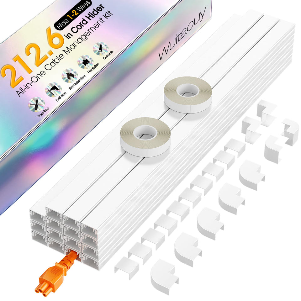 Wuitaouy cord hider kit on wall concealing a single TV cable for a tidy space.