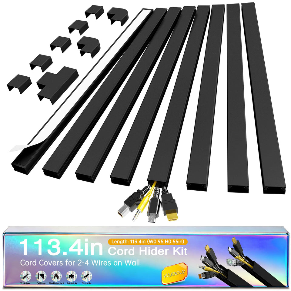 Wuitaouy cord hider on wall with adhesive back concealing wires neatly.