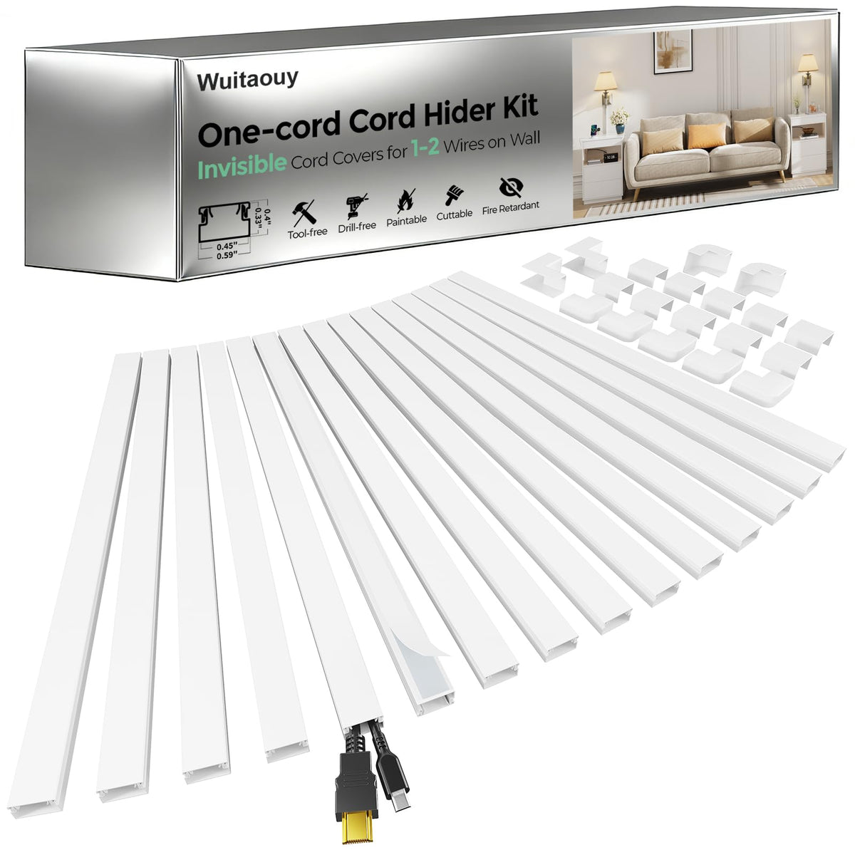 Wuitaouy front packaging showing full cord hider kit and benefit of complete components